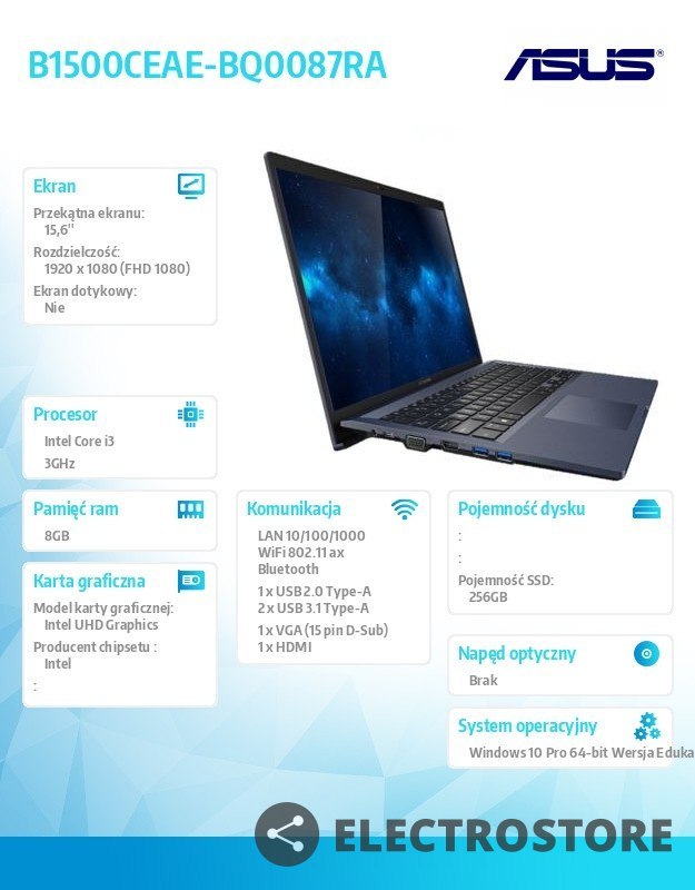 Asus Notebook B1500CEAE-BQ0087RA i3 1115G4 8/256/integ/15" FHD/W10 PRO EDU ; 36 miesięcy ON-SITE NBD