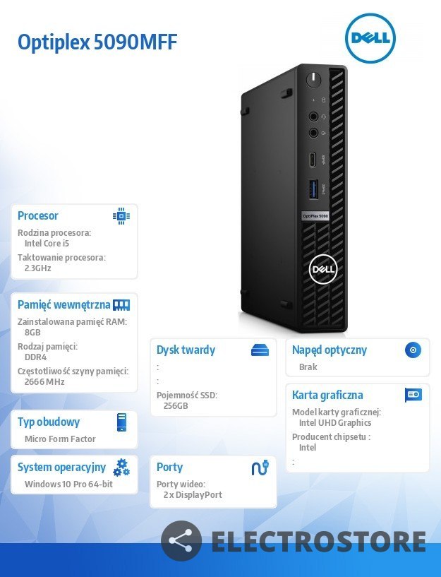 Dell Komputer Optiplex 5090 MFF/Core i5-10500T/8GB/256GB SSD/Integrated/No optical drive/WLAN + BT/Kb/Mouse/W11Pro/3Y