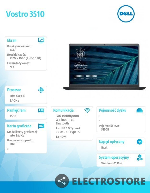 Dell Notebook Vostro 3510 i5-1135G7/16GB/512GB SSD/15.6 FHD/Intel Iris Xe/FgrPr/Cam & Mic/WLAN + BT/Backlit Kb/3 Cell Office H&B 2021