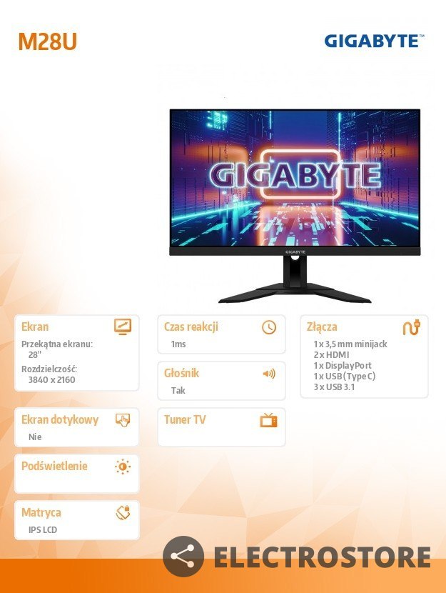 Gigabyte Monitor 28 M28U GAMING IPS/1ms/1MLN:1/UHD/HDMI/