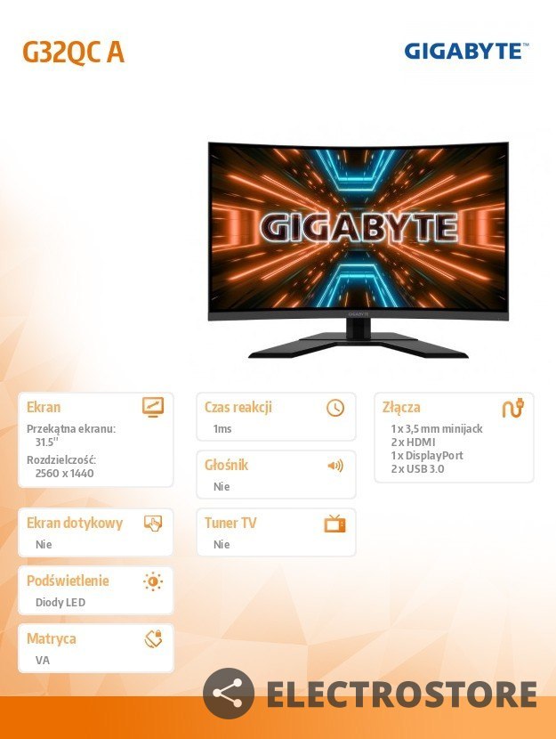 Gigabyte Monitor 31.5 cala G32QC A 1ms/12MLN:1/FULLHD/HDMI Gigabyte Monitor 31.5 cala G32QC A 1ms/12MLN:1/FULLHD/HDMI
