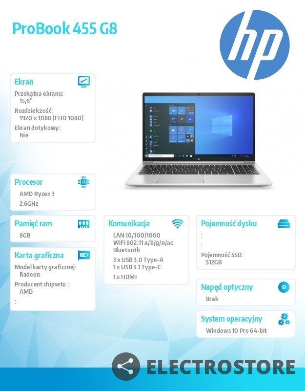 HP Inc. Notebook ProBook 455 G8 R3-5400U 512/8G/15,6/W10P 4K7C2EA