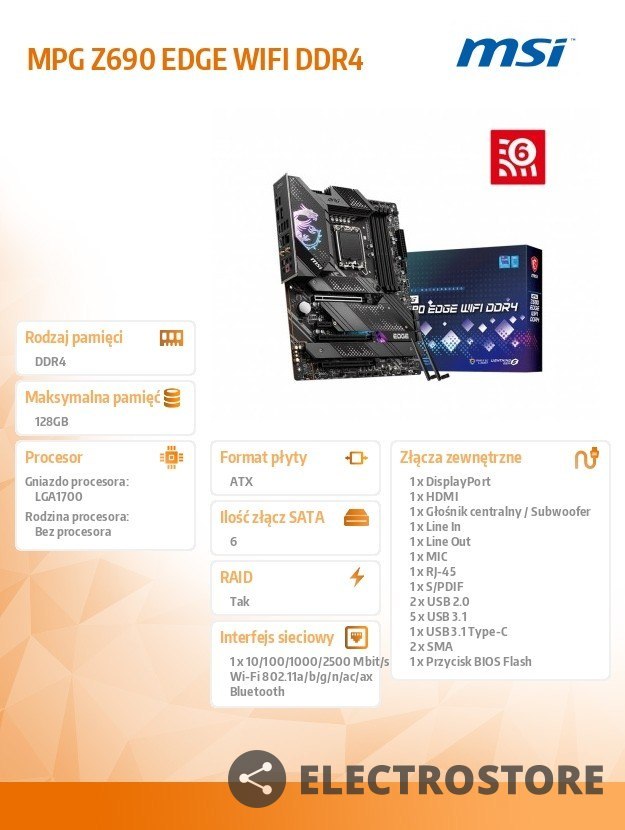 MSI Płyta główna MPG Z690 EDGE WIFI DDR4 s1700 4DDR4 DP/HDMI M.2 ATX