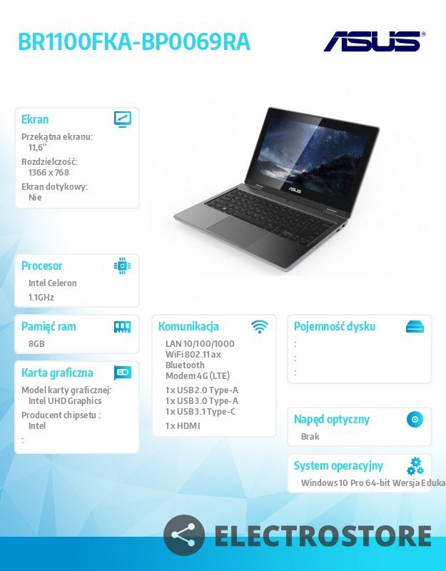 Asus Notebook BR1100FKA-BP0069RA Celeron N4500 8GB/128G/11.6"W10 Pro akademic ; PRO 36 miesięcy ON-SITE NBDNotebook BR1100FKA-BP0069