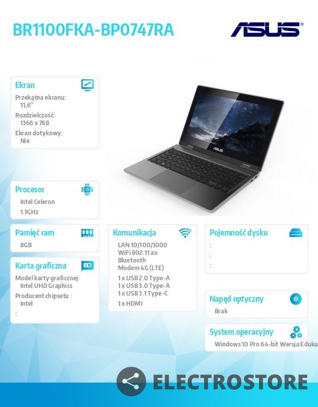 Asus Notebook BR1100FKA-BP0747RA Celeron N4500 8/128/11.6/W10 Pro EDU 36 miesięcy ON-SITE NBD