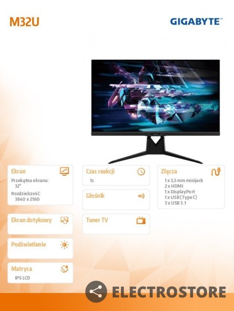 Gigabyte Monitor 32 cale M32U144Hz GAMING IPS/1ms/4K ULTRA HD /HDMI/DP/USB-C/ USB3.0/ GŁOŚNIK Gigabyte Monitor 32 cale M32U144Hz GAMING IPS/1ms/4K ULTRA HD /HDMI/DP/USB-C/ USB3.0/ GŁOŚNIK