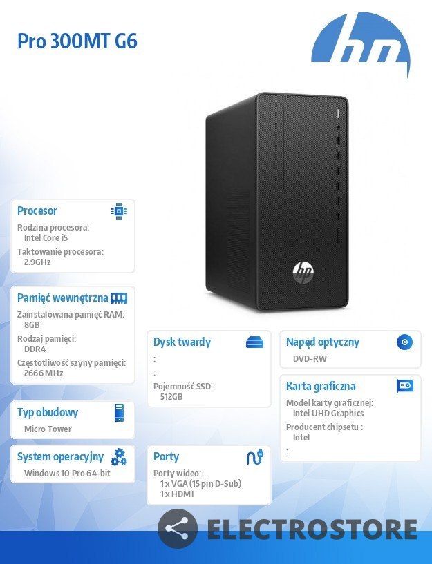 HP Inc. Komputer Pro 300MT G6 i5-10400 512/8G/DVD/W10P 47L30EA
