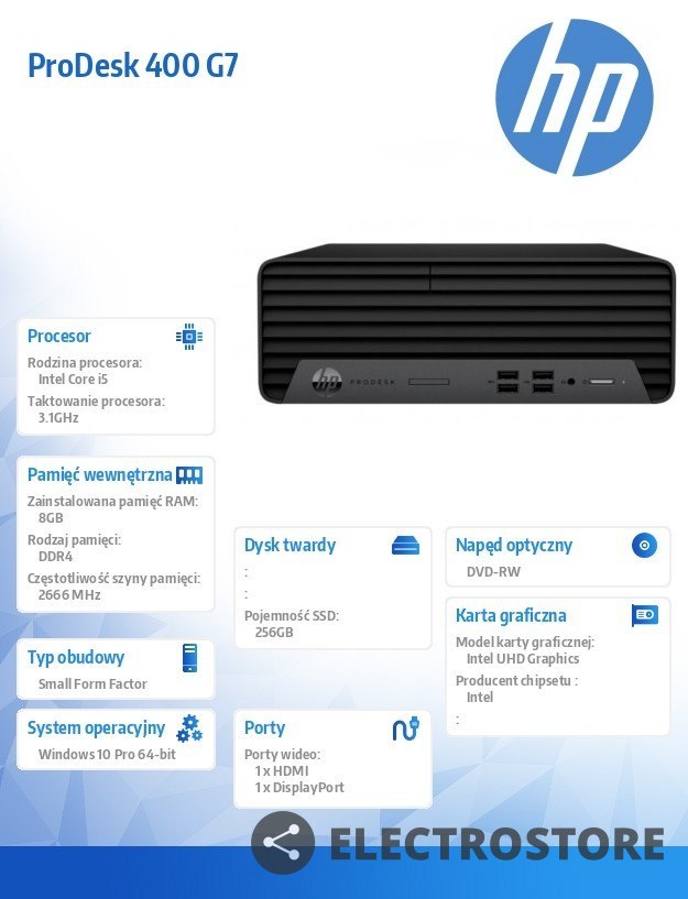 HP Inc. Komputer ProDesk 400SFF G7 i5-10500 256/8G/DVD/W10P 11M43EA