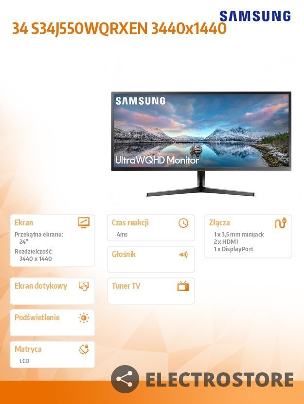 Samsung Monitor 34,5 cala LS34J550WQRXEN VA 3440x1440 Ultra WQHD 21:9 format kinowy 2xHDMI/1xDP 4 ms (GTG) płaski