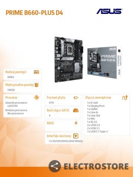 Asus Płyta główna PRIME B660-PLUS D4 s1700 4DDR4 DP/HDMI M.2 ATX