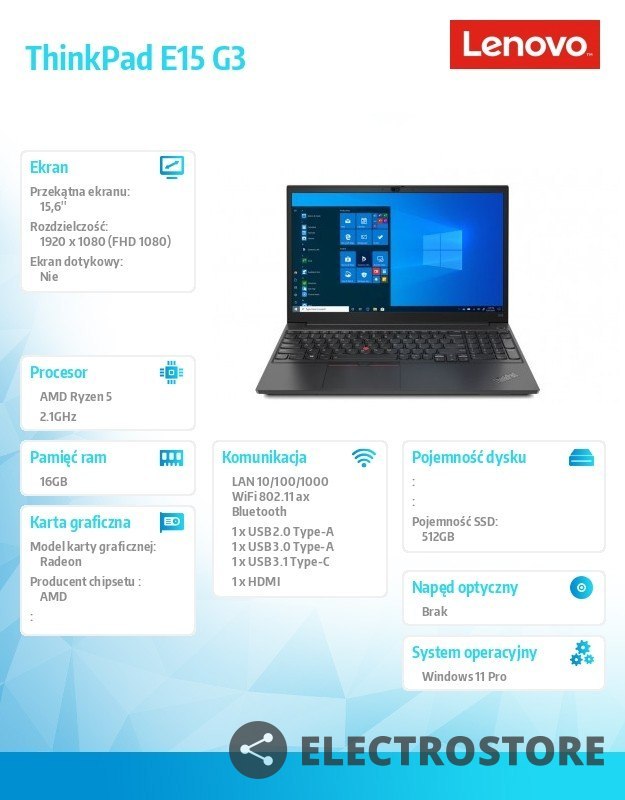 Lenovo Laptop ThinkPad E15 G3 20YG009YPB W11Pro 5500U/16GB/512GB/INT/15.6 FHD/Black/1YR CI