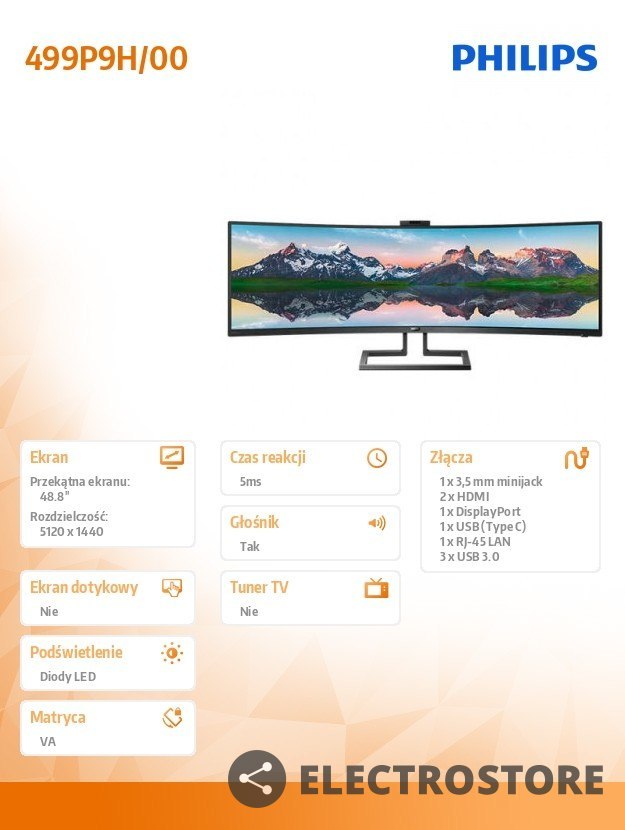 Philips Monitor 48.8 cala 499P9H Curved VA HDMIx2 DP USB-C HAS Philips Monitor 48.8 cala 499P9H Curved VA HDMIx2 DP USB-C HAS