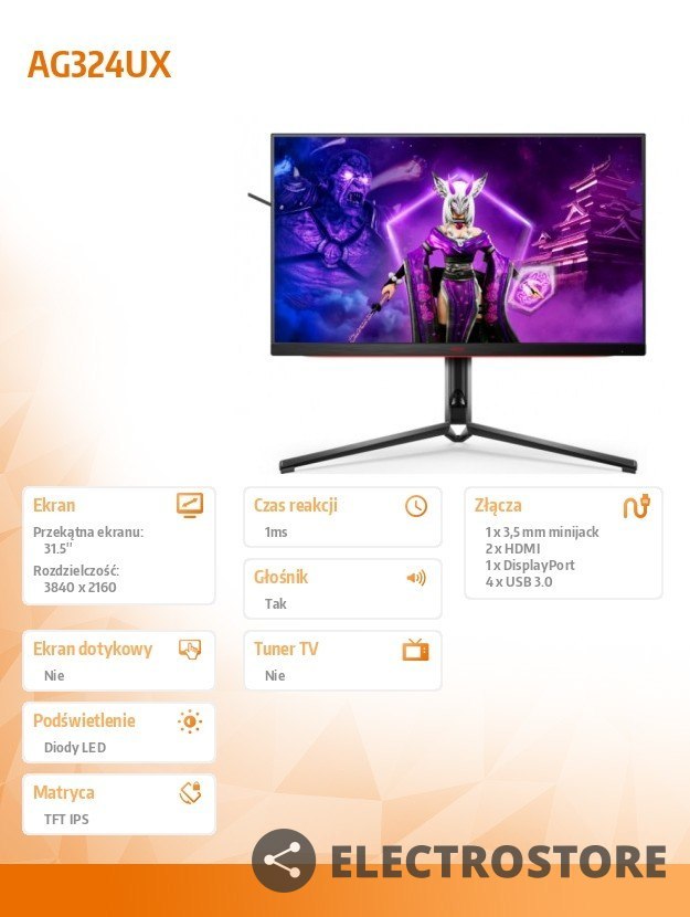 AOC Monitor AG324UX 31.5 cali IPS 4K 144Hz HDMIx2 DP USB-C Pivot AOC Monitor AG324UX 31.5 cali IPS 4K 144Hz HDMIx2 DP USB-C Pivot