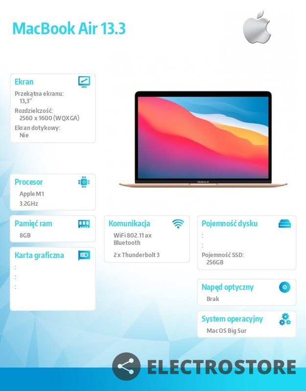 Apple MacBook Air 13,3 cali: M1 8/7, 8GB, 256GB - Złoty Apple MacBook Air 13,3 cali: M1 8/7, 8GB, 256GB - Złoty