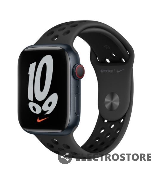 Apple Watch Nike Series 7 GPS + Cellular, 45mm Koperta z aluminium w kolorze północy z paskiem sportowym Nike w kolorze antracyt/czarn