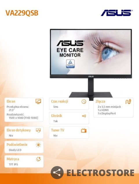 Asus Monitor 21.5 cala VA229QSB IPS LED DP HDMI VGA USB PIVOT Głośnik Asus Monitor 21.5 cala VA229QSB IPS LED DP HDMI VGA USB PIVOT Głośnik