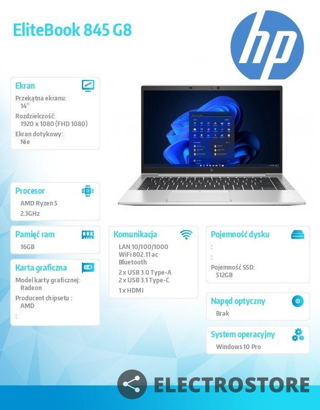 HP Inc. Notebook EliteBook 845 G8 R5-5650U W10P 512/16/14 401H6EA