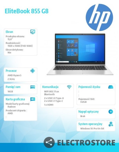 HP Inc. Notebook EliteBook 855 G8 R5-5650U W10P 512/16/15,6 401P2EA HP Inc. Notebook EliteBook 855 G8 R5-5650U W10P 512/16/15,6 401P2EA