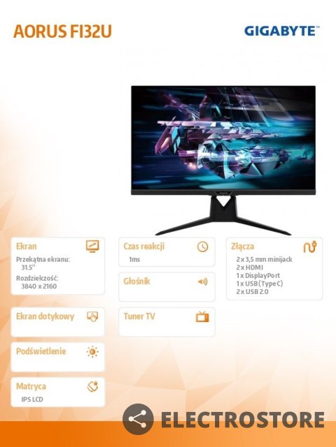 Gigabyte Monitor 32 cale AORUS FI32U 1ms/IPS/HDMI/GAMING/ Gigabyte Monitor 32 cale AORUS FI32U 1ms/IPS/HDMI/GAMING/