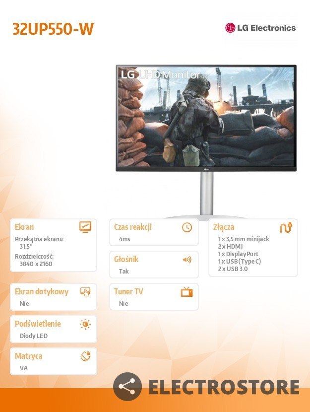LG Electronics Monitor 32UP550-W 31.5 cala 4K UHD HDR 10 FreeSync LG Electronics Monitor 32UP550-W 31.5 cala 4K UHD HDR 10 FreeSync