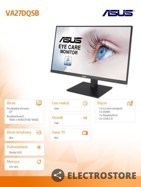 Asus Monitor 27 cali VA27DQSB IPS DP HDMI VGA USBx2 PIVOT Głośnik Asus Monitor 27 cali VA27DQSB IPS DP HDMI VGA USBx2 PIVOT Głośnik
