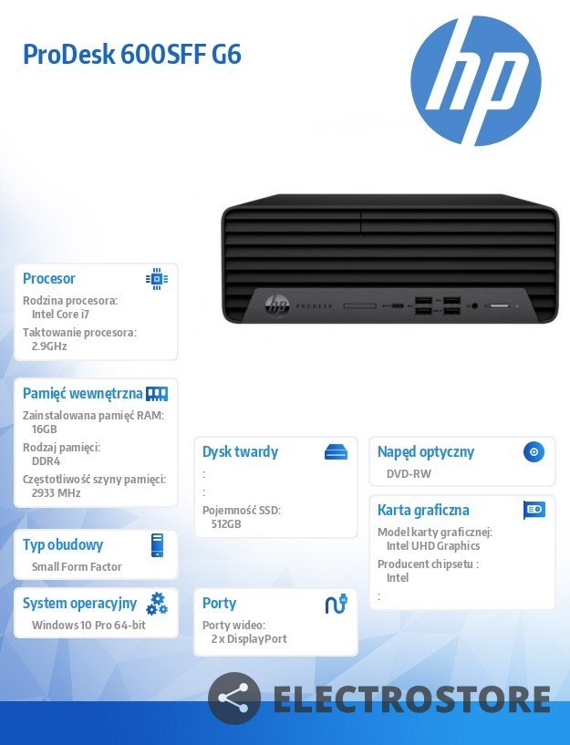 HP Inc. Komputer ProDesk 600SFF G6 i7-10700 512/16/DVD/W10P 1D2Q5EA