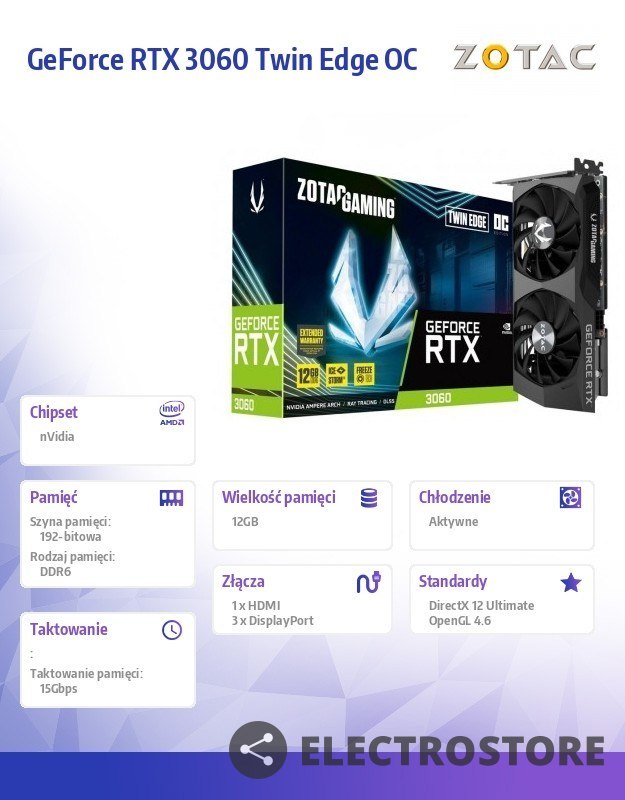 ZOTAC Karta graficzna GeForce RTX 3060 Twin Edge OC 12GB GDDR6 192bit LHR 3DP/HDMI