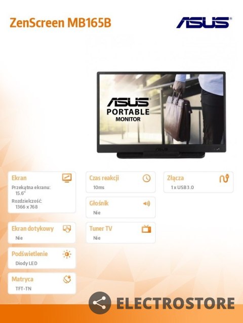 Asus Monitor 15.6 cala MB165B 0.78 kg USB 3.0 Asus Monitor 15.6 cala MB165B 0.78 kg USB 3.0