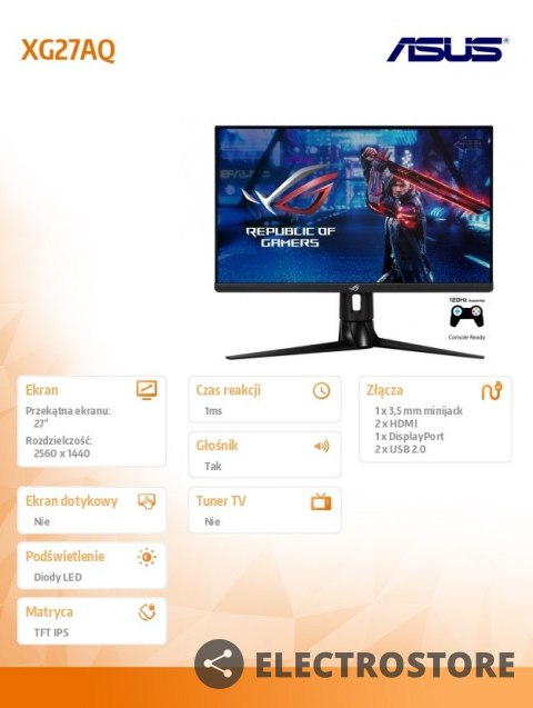 Asus Monitor 27 cali XG27AQ ROG STRIX WQHD IPS 170Hz 1mGTG HDMIx2 DP USB3.0 Głośnik PIVOT Asus Monitor 27 cali XG27AQ ROG STRIX WQHD IPS 170Hz 1mGTG HDMIx2 DP USB3.0 Głośnik PIVOT