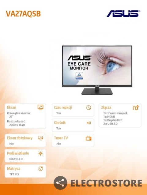 Asus Monitor 27 cali VA27AQSB IPS WQHD HDMI DP USB PIVOT Głośnik Asus Monitor 27 cali VA27AQSB IPS WQHD HDMI DP USB PIVOT Głośnik
