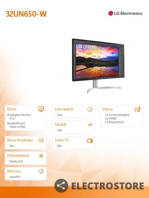 LG Electronics Monitor LG 32UN650-W 31.5" 4K IPS HDR 10 z wbudowanymi głośnikami LG Electronics Monitor LG 32UN650-W 31.5" 4K IPS HDR 10 z wbudowanymi głośnikami