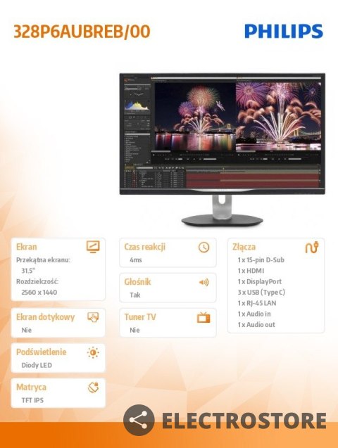 Philips Monitor 31.5 328P6AUBREB IPS HDR DP HDMI USB-C Pivot Głośniki Philips Monitor 31.5 328P6AUBREB IPS HDR DP HDMI USB-C Pivot Głośniki