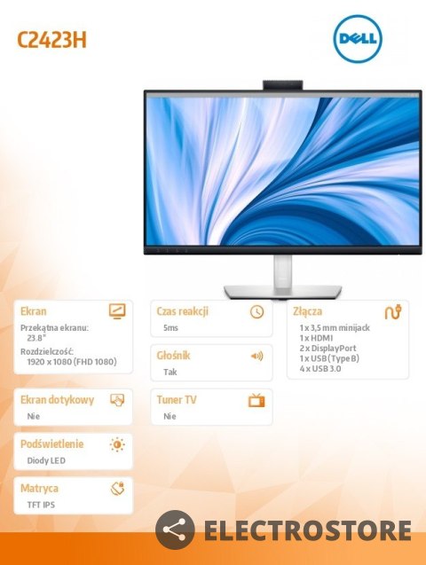 Dell Monitor Video Conferencing C2423H 23,8 cali LED IPS Full HD (1920x1080)/16:9/HDMI/DP/Kamera/Głośniki/Mikrofon/3Y AES&PPG Dell Monitor Video Conferencing C2423H 23,8 cali LED IPS Full HD (1920x1080)/16:9/HDMI/DP/Kamera/Głośniki/Mikrofon/3Y AES&PPG