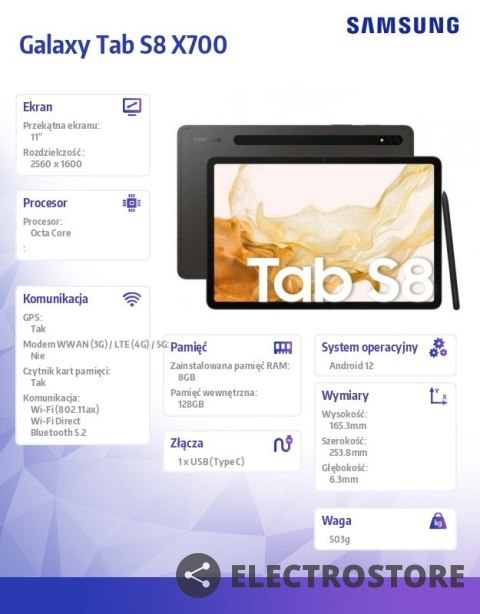 Samsung Tablet Galaxy Tab S8 11.0 X700 8/128GB S pen WiFi Szary Samsung Tablet Galaxy Tab S8 11.0 X700 8/128GB S pen WiFi Szary
