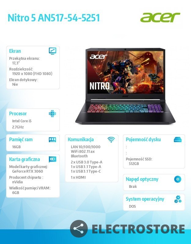 Acer Notebook Nitro 5 AN517-54-5251 ESHELL/i5-11400H/16G/512G/RTX3060/17.3''