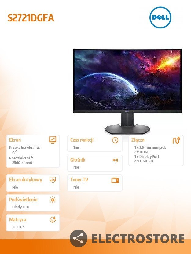Dell Monitor S2721DGFA 27 cali 2560x1440/2xHDMI/DP/4USB Dell Monitor S2721DGFA 27 cali 2560x1440/2xHDMI/DP/4USB