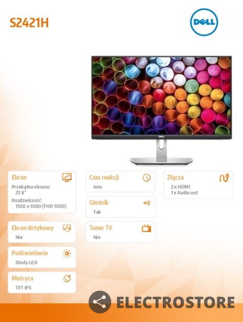 Dell Monitor S2421H 23,8 cali IPS LED Full HD (1920x1080) /16:9/2xHDMI/Speakers/3Y PPG Dell Monitor S2421H 23,8 cali IPS LED Full HD (1920x1080) /16:9/2xHDMI/Speakers/3Y PPG