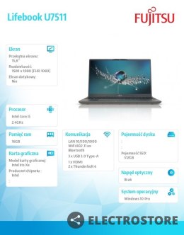 Fujitsu Notebook Lifebook U7511/15,6 i5-1135G7/2x8G/SSD512/W10P PCK:U7511MP5GMPL