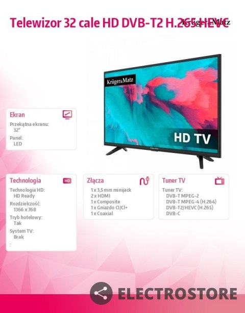 Kruger & Matz Telewizor 32 cale HD DVB-T2 H.265 HEVC Kruger & Matz Telewizor 32 cale HD DVB-T2 H.265 HEVC