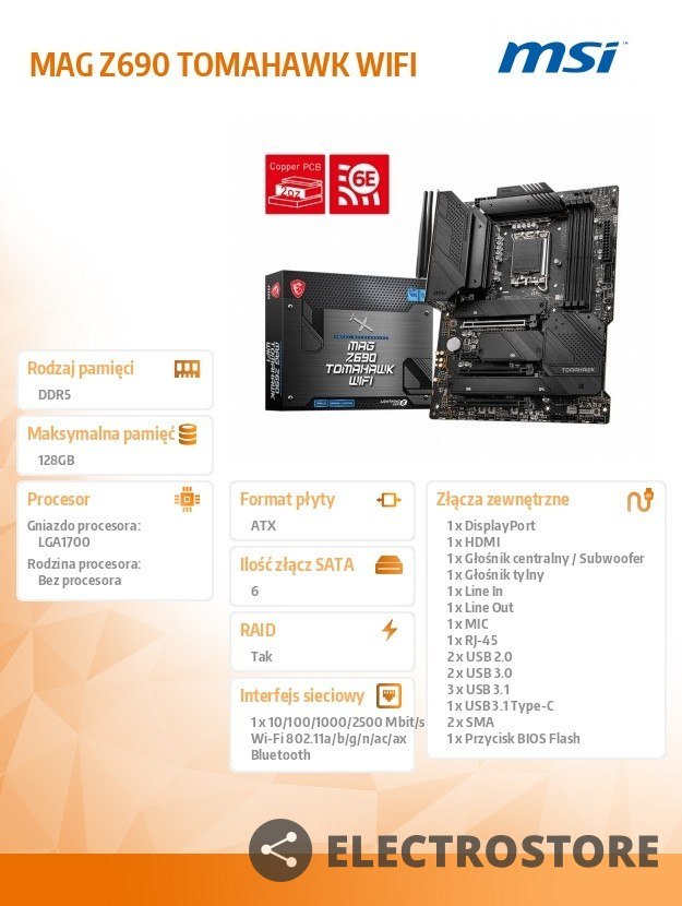 MSI Płyta główna MAG Z690 TOMAHAWK WIFI s1700 4DDR5 DP/HDMI ATX