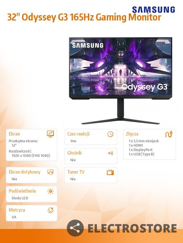 Samsung Monitor 31,5 cala LS32AG320NUXEN VA 1920x1080 FHD 16:9 1xHDMI/1xDP 1 ms (MPRT) płaski HAS+PIVOT 165Hz Gaming