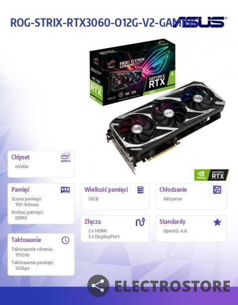 Asus Karta graficzna GeForce RTX 3060 Rog Strix OC V2 12GB GDDR6 192bit 3DP/HDMI Asus Karta graficzna GeForce RTX 3060 Rog Strix OC V2 12GB GDDR6 192bit 3DP/HDMI