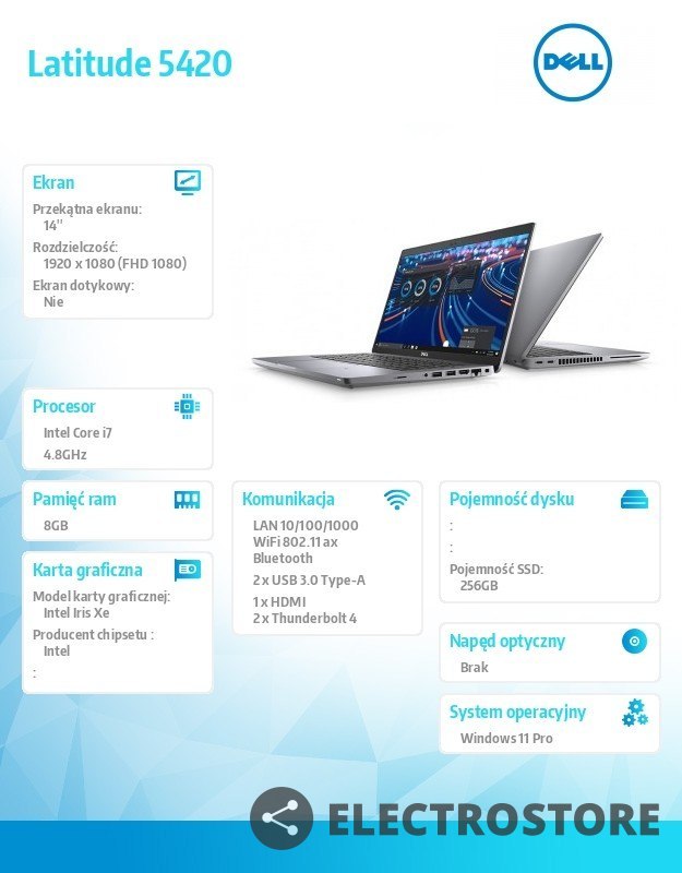 Dell Notebook Latitude 5420 Win11Pro i7-1185G7/8GB/256GB SSD/14.0" FHD/Intel Iris Xe/ThBlt & FgrPr & SmtCd/Cam & Mic/WLAN + BT/Backli