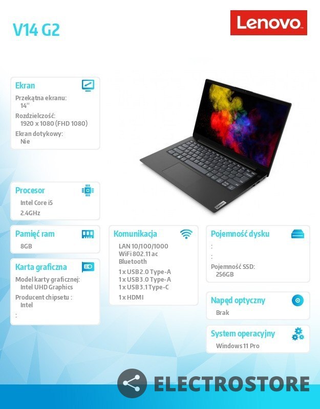 Lenovo Laptop V14 G2 82KA00P5PB W11Pro i5-1135G7/8GB/256GB/INT/14.0 FHD/Black/2YRS CI