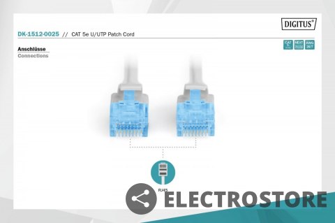 Digitus Patch cord RJ45-RJ45, kat.5e, U/UTP, AWG 26/7, PVC, 0.25m, szary Digitus Patch cord RJ45-RJ45, kat.5e, U/UTP, AWG 26/7, PVC, 0.25m, szary