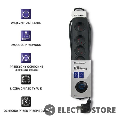 Qoltec Listwa antyprzepięciowa 5 gniazd | 3m | Czarna Qoltec Listwa antyprzepięciowa 5 gniazd | 3m | Czarna