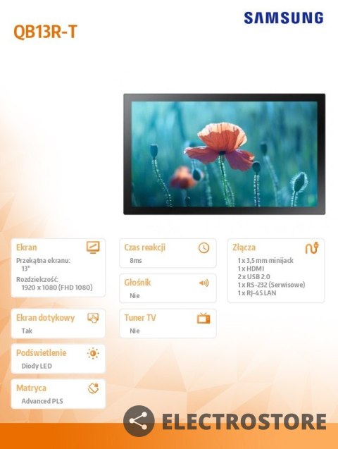 Samsung Monitor profesjonalny QB13R-T 13 cali Matowy, Dotykowy 16h/7 250(cd/m2) 1920x1080 (FHD) S6 Player Wi-Fi 3 lata d2d (LH13QBRTBGC Samsung Monitor profesjonalny QB13R-T 13 cali Matowy, Dotykowy 16h/7 250(cd/m2) 1920x1080 (FHD) S6 Player Wi-Fi 3 lata d2d (LH13QBRTBGC