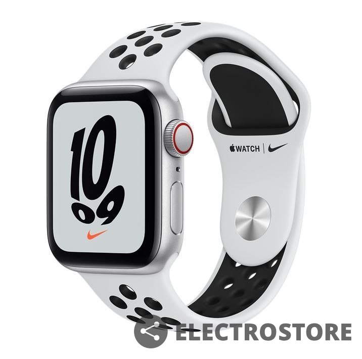 Apple Watch Nike SE GPS + Cellular, 40mm koperta z aluminium w kolorze srebrnym z paskiem sportowym Nike w kolorze czysta platyna/czar
