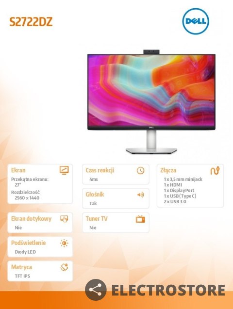 Dell Monitor S2722DZ 27 cali LED 2560x1440/DP/USBC/Kamera Dell Monitor S2722DZ 27 cali LED 2560x1440/DP/USBC/Kamera