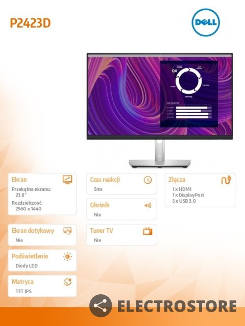 Dell Monitor P2423D 23.8 cali IPS LED QHD (2560x1440)/16:9/HDMI/DP/5xUSB 3.2/3Y AES Dell Monitor P2423D 23.8 cali IPS LED QHD (2560x1440)/16:9/HDMI/DP/5xUSB 3.2/3Y AES